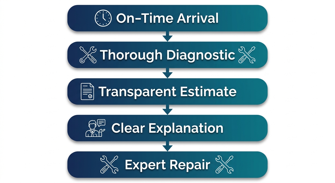 Five-step vertical process flow for appliance repair showing On-Time Arrival, Thorough Diagnostic, Transparent Estimate, Clear Explanation, and Expert Repair stages.