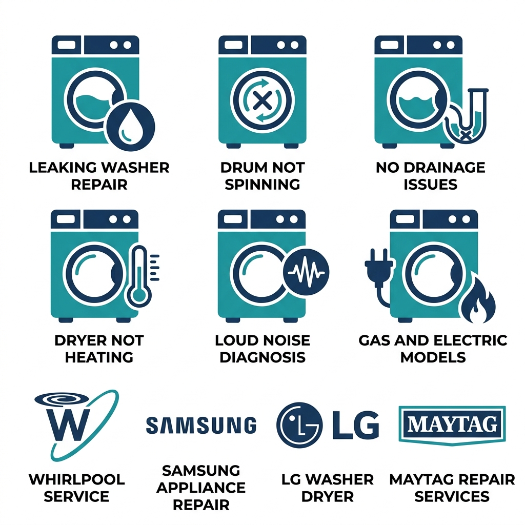Twelve icons in a three by four grid representing washer and dryer repair services including leaks, spinning issues, drainage problems, heating problems, noise, gas and electric models, and major appliance brands.