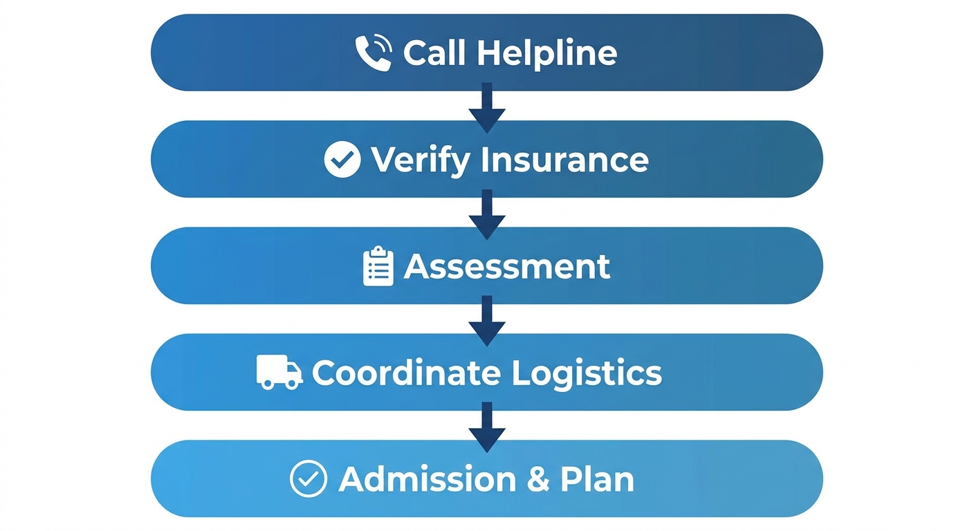 Vertical process-flow diagram showing 5 steps to begin addiction treatment near Surprise, Arizona