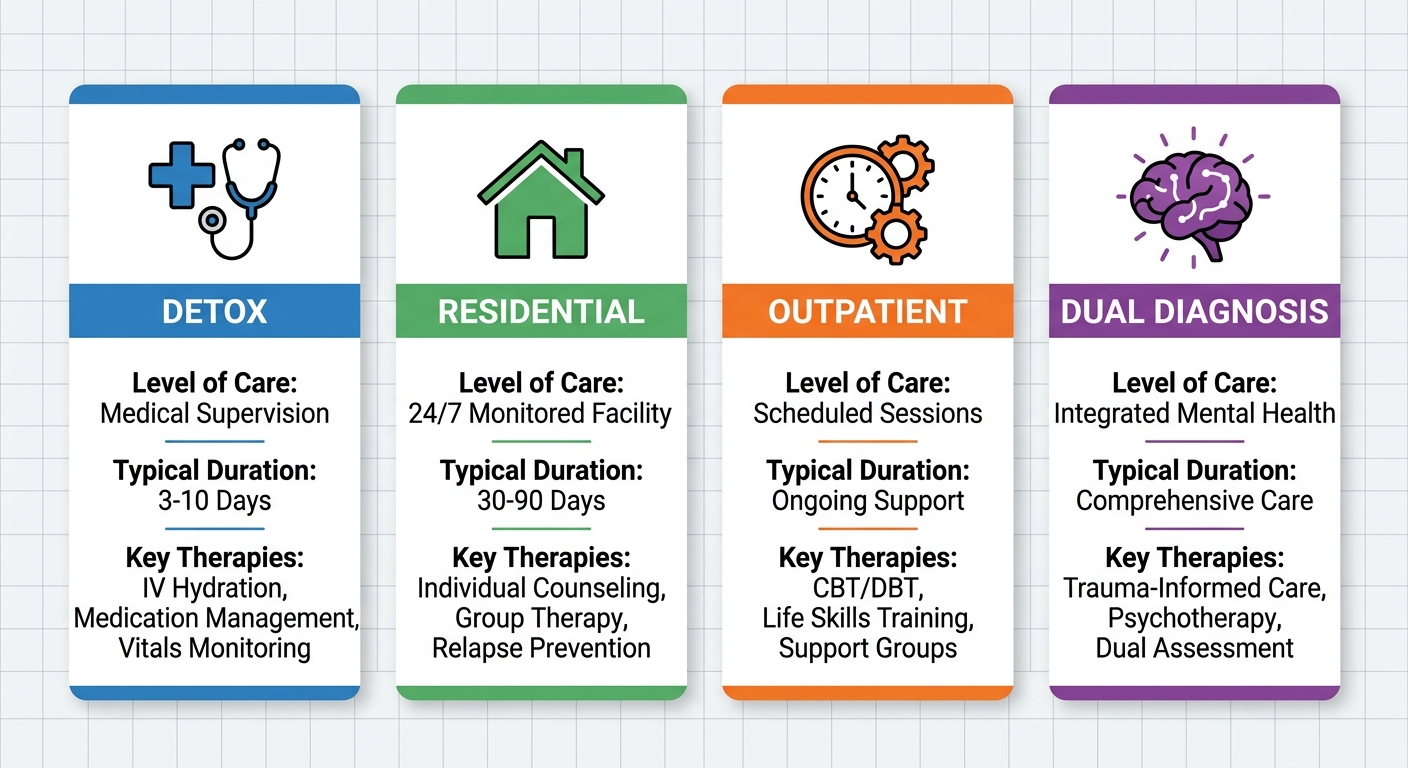 Infographic comparing four drug rehab programs in Glendale, Arizona: Detox, Residential, Outpatient, and Dual Diagnosis, with columns for level of care, duration, and therapies.