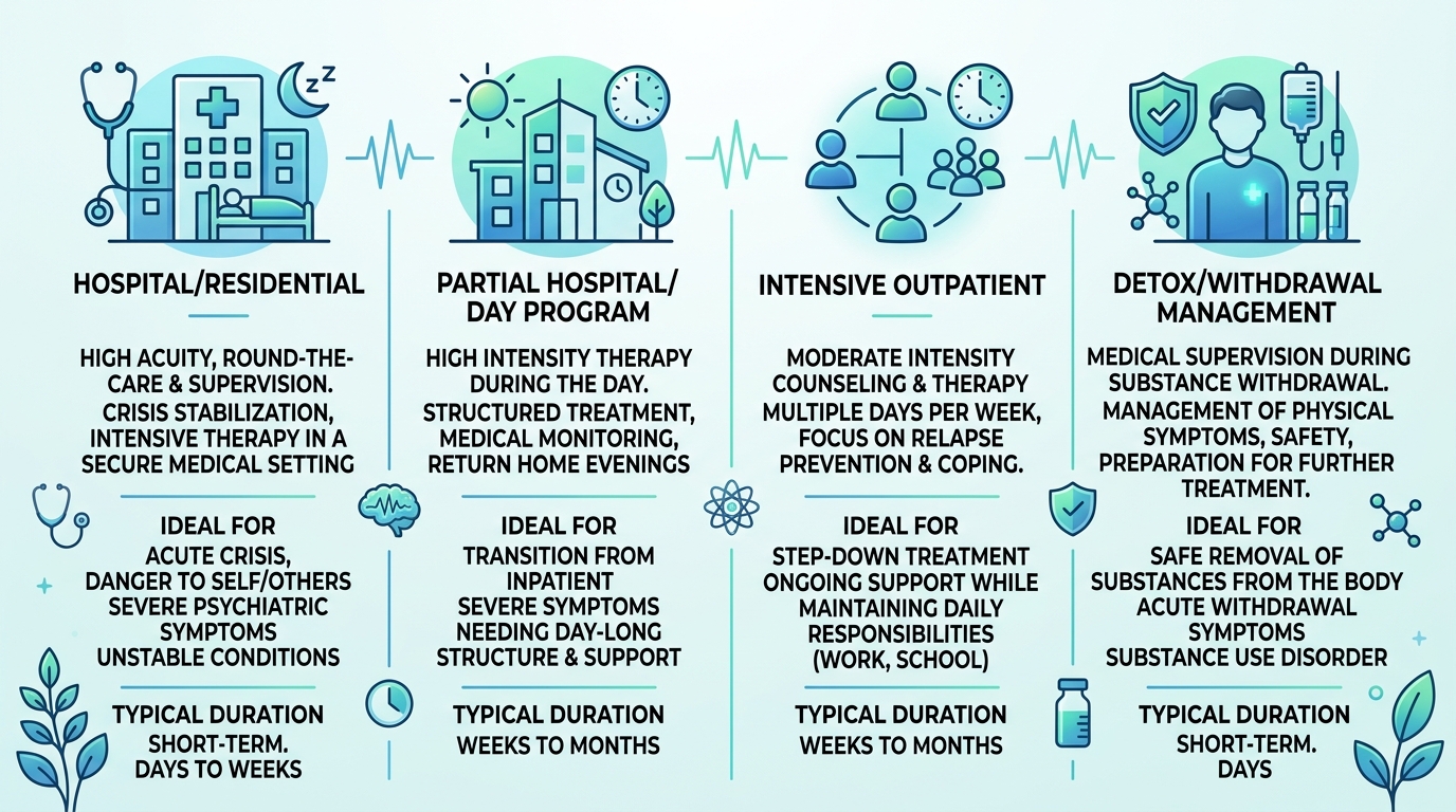 Four-column comparison infographic of behavioral health care levels: Inpatient Residential, Partial Hospitalization, Intensive Outpatient, and Detox Withdrawal Management, with icons and labels in calming blues and greens.