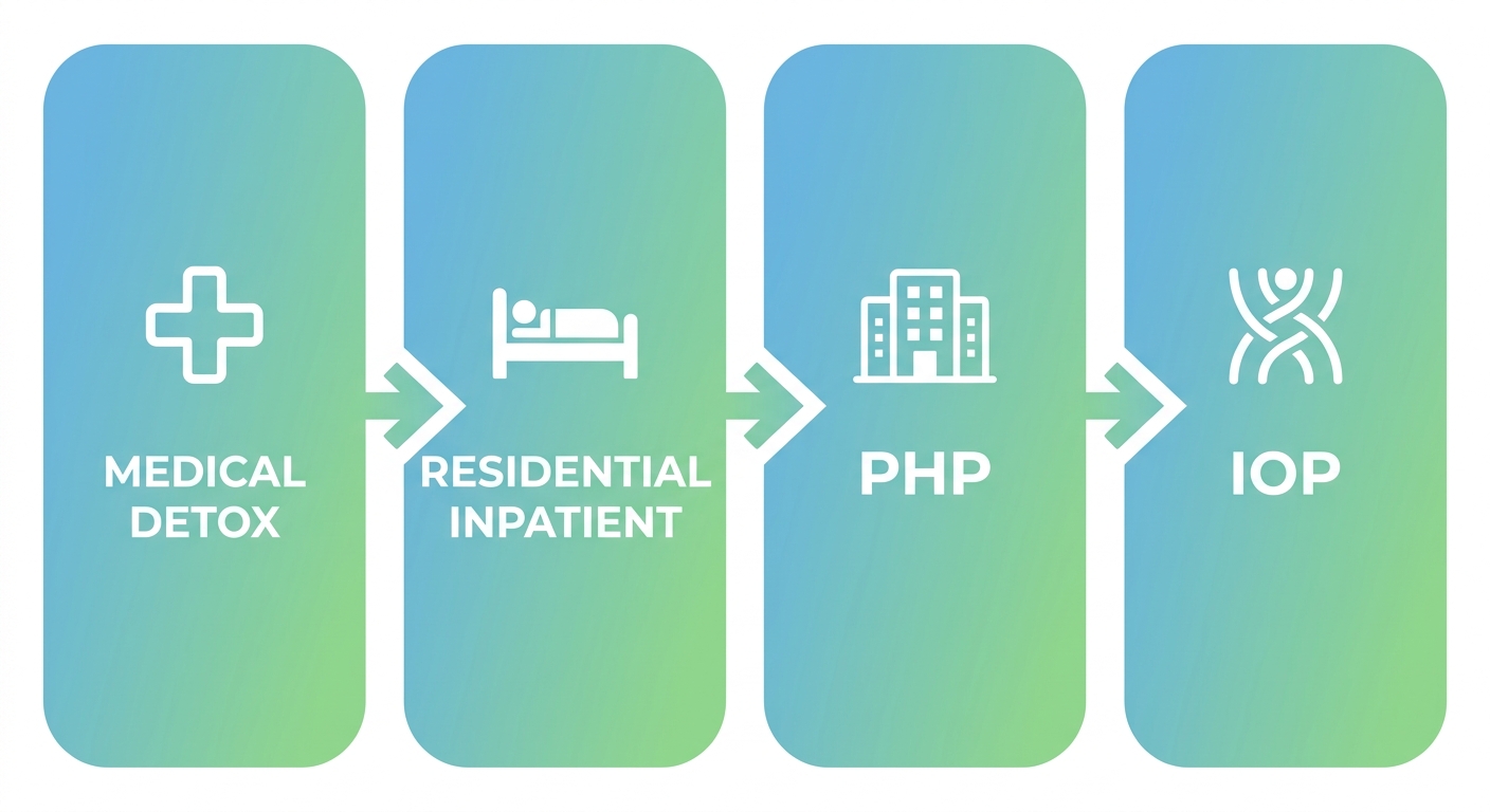 Horizontal process flow diagram showing four levels of addiction treatment in Glendale, Arizona: Medical Detox, Residential Inpatient, Partial Hospitalization Program (PHP), and Intensive Outpatient Program (IOP), each represented by rounded rectangles with icons and connected by arrows, colored in a blue-to-green gradient.