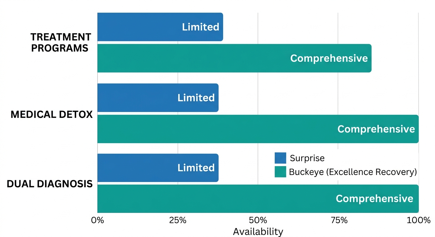 Horizontal bar chart comparing addiction treatment program availability between Surprise (limited) and Buckeye, Arizona (comprehensive) across treatment programs, medical detox, and dual diagnosis categories, using blue and teal bars.