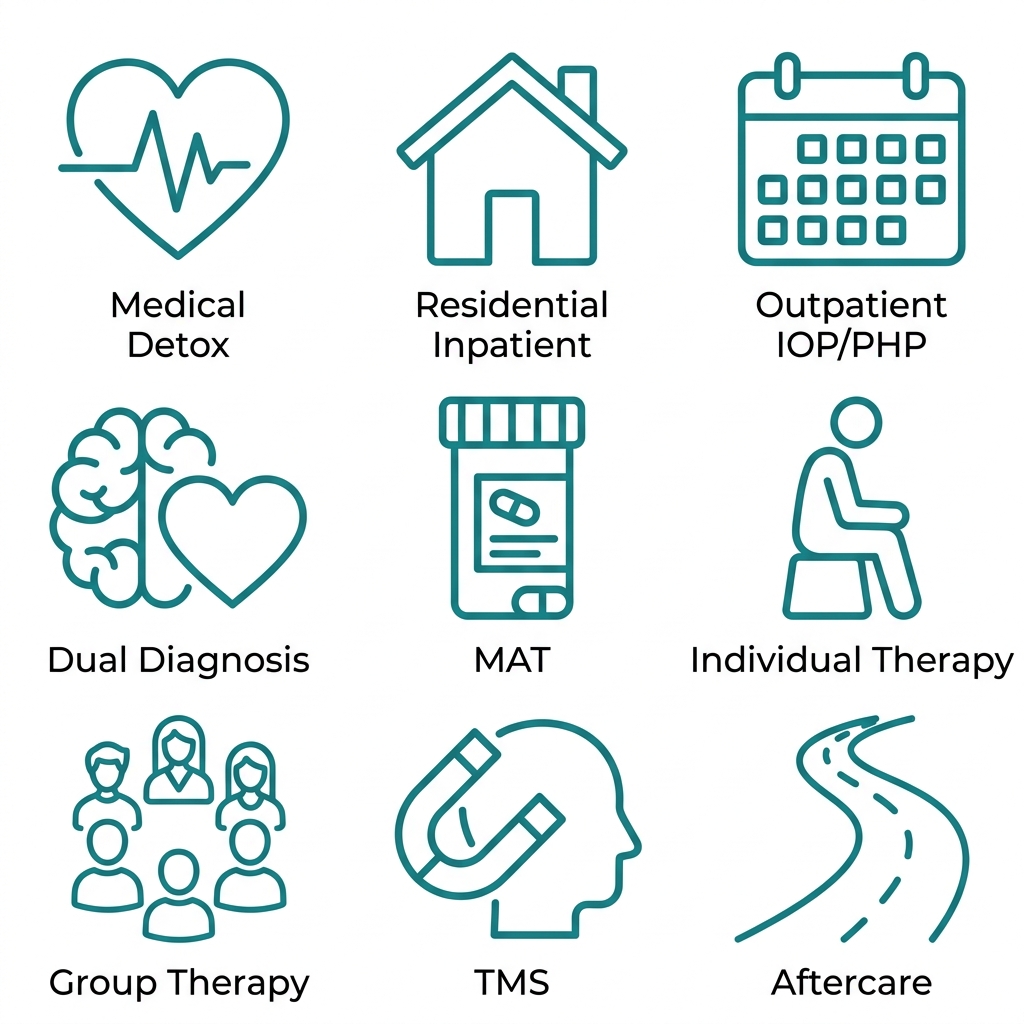 Grid of nine outlined teal icons representing addiction treatment types: medical detox, residential inpatient, outpatient, dual diagnosis, MAT, individual therapy, group therapy, TMS, and aftercare, each with a short label on a white background.