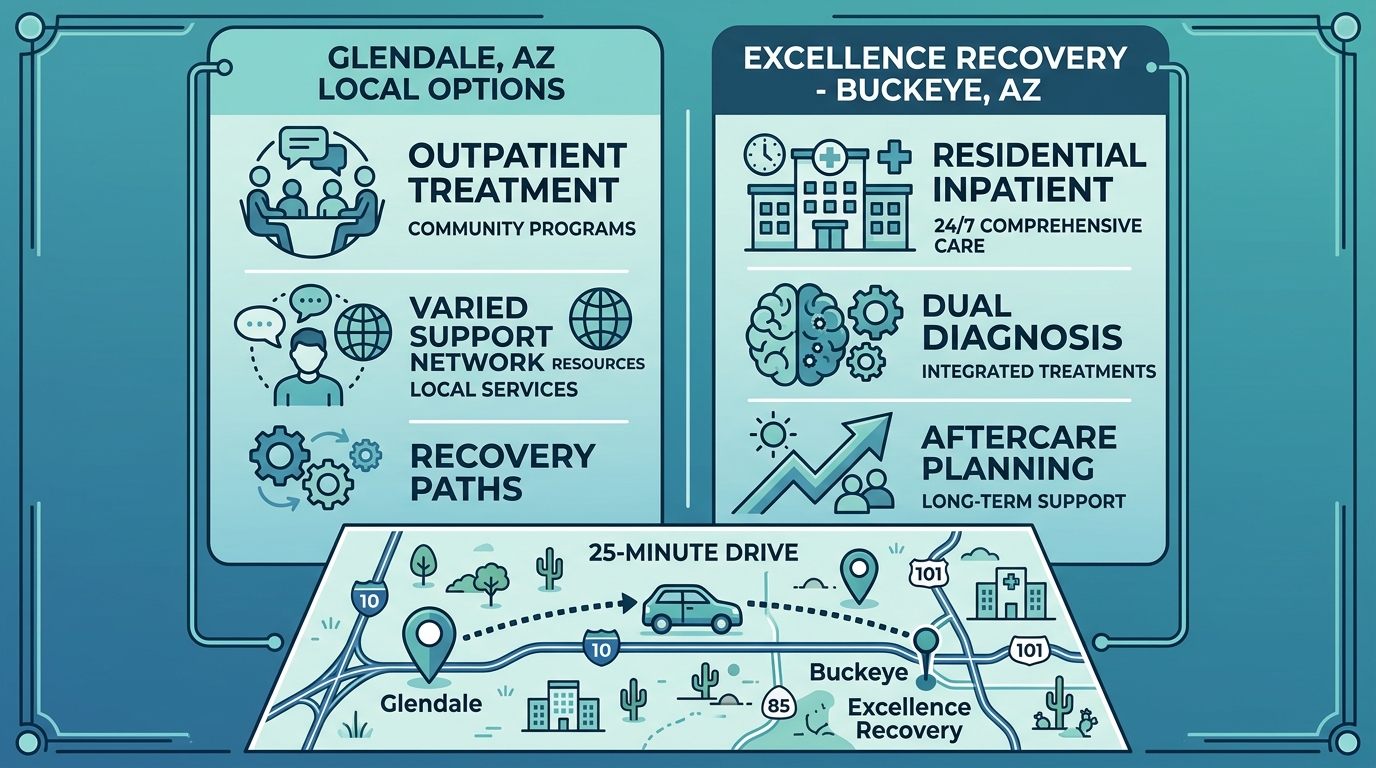 Side-by-side infographic comparing addiction treatment resources in Glendale, Arizona and Excellence Recovery in Buckeye, Arizona.