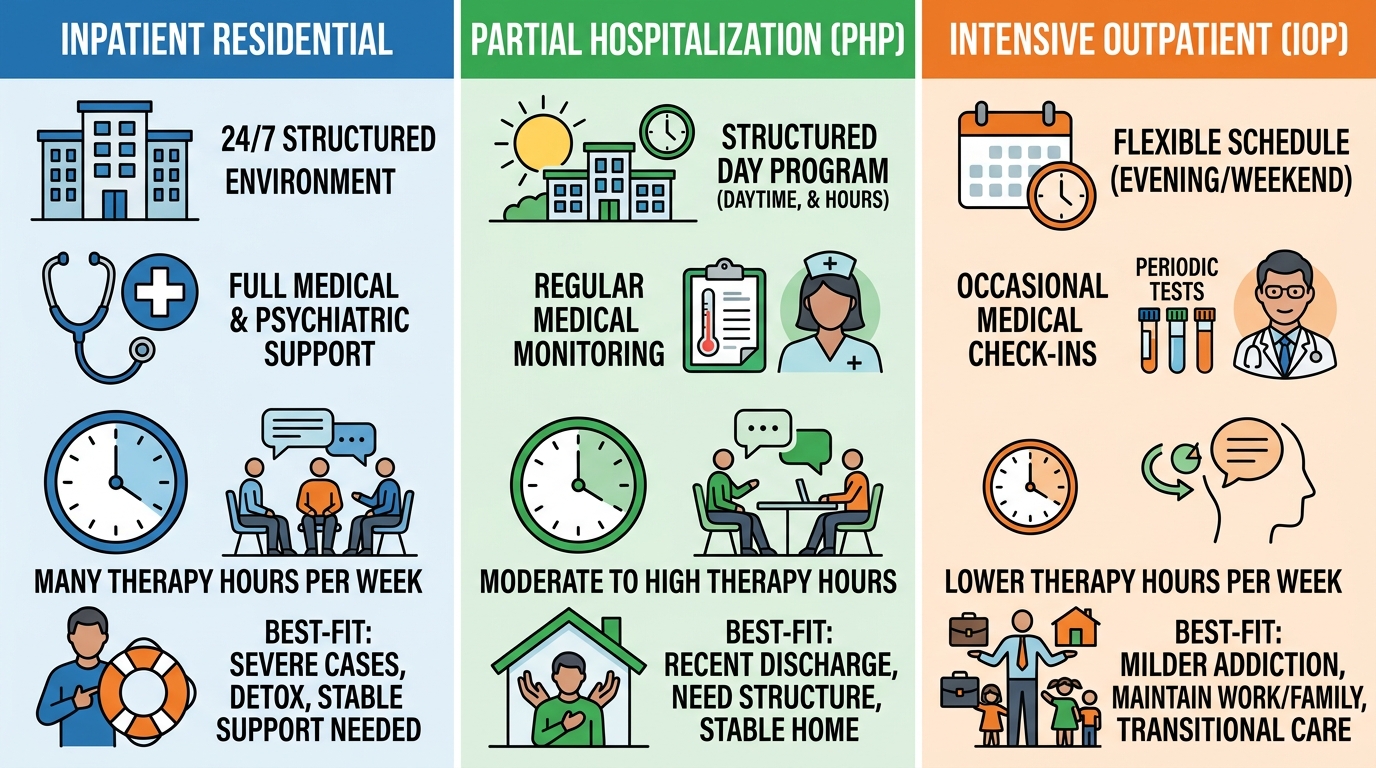 Comparison infographic of three addiction treatment levels: inpatient residential, partial hospitalization (PHP), and intensive outpatient (IOP), each with icons for structure, medical support, therapy hours, and best-fit.