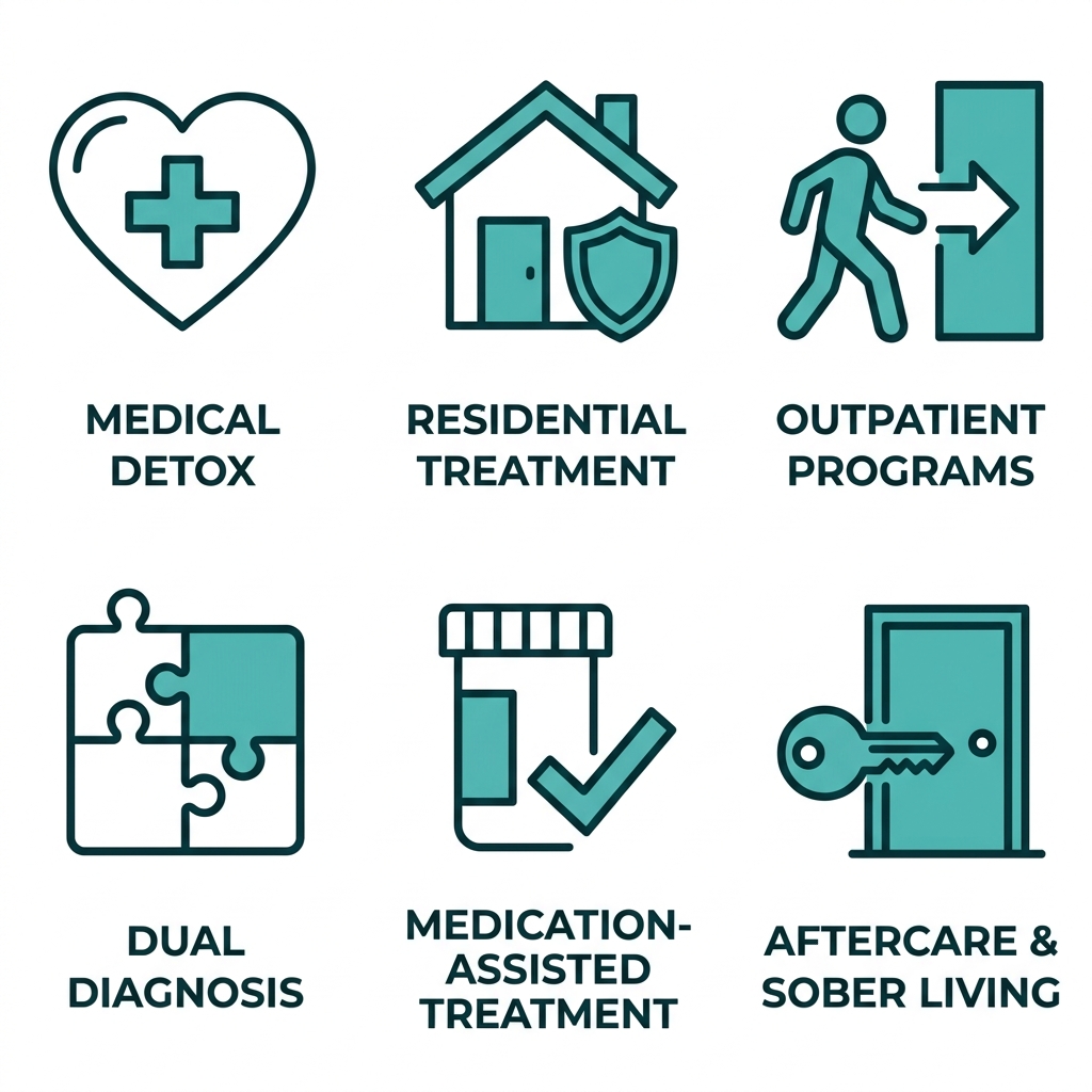 Six outline icons arranged in a 3x2 grid representing treatment services: medical detox, residential treatment, outpatient programs, dual diagnosis treatment, medication-assisted treatment, and aftercare/sober living, with teal strokes on a white background.