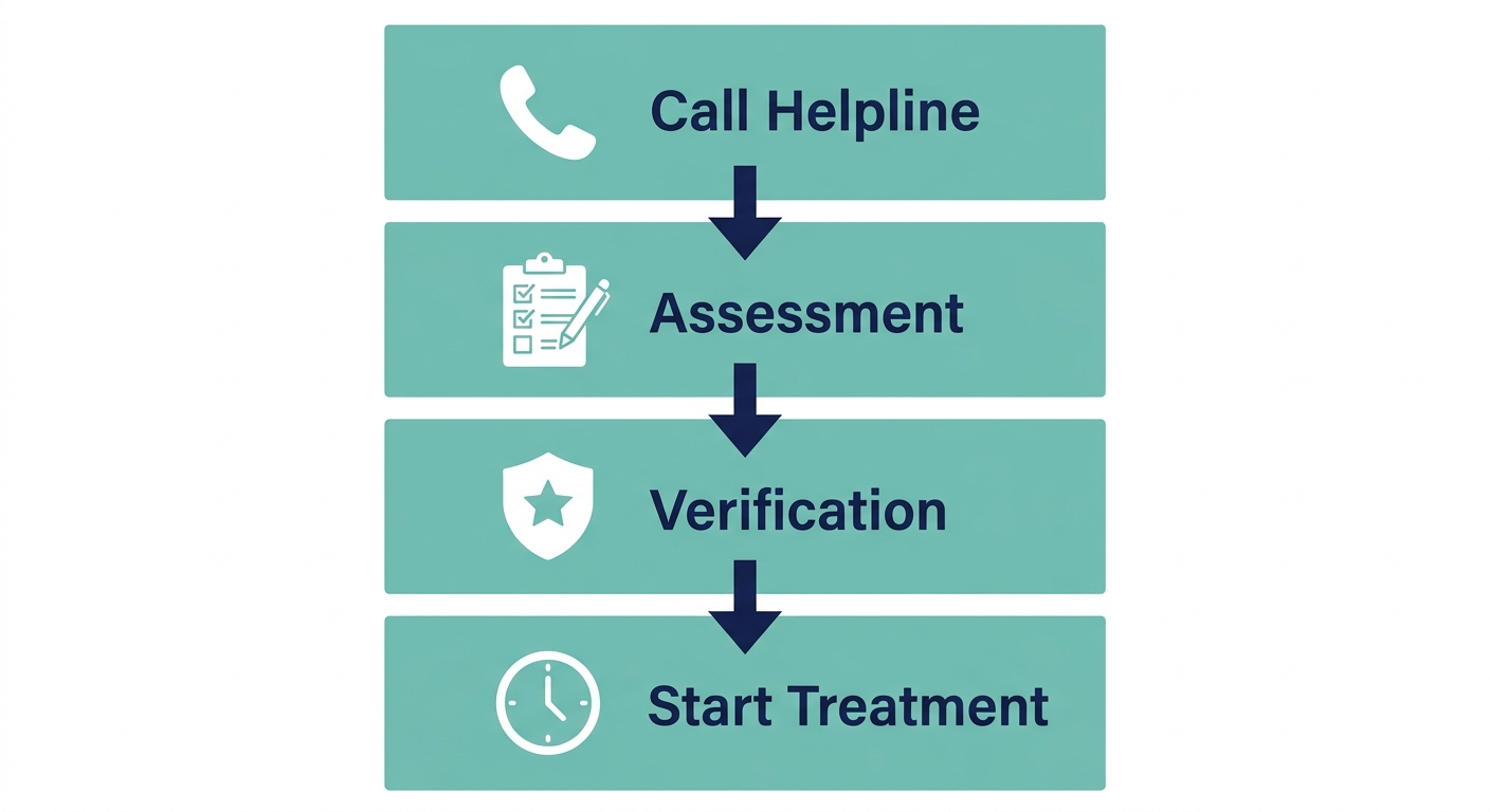 Vertical step diagram of four stages to start behavioral health treatment in Glendale, Arizona: call helpline, complete assessment, receive insurance verification, and start treatment within 24-48 hours.