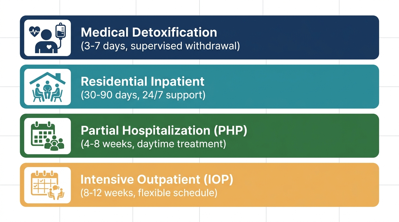 Color-coded infographic displays four levels of behavioral health care in Glendale Arizona: Medical Detoxification, Residential Inpatient, Partial Hospitalization, Intensive Outpatient with durations and icons based on SAMHSA guidelines.