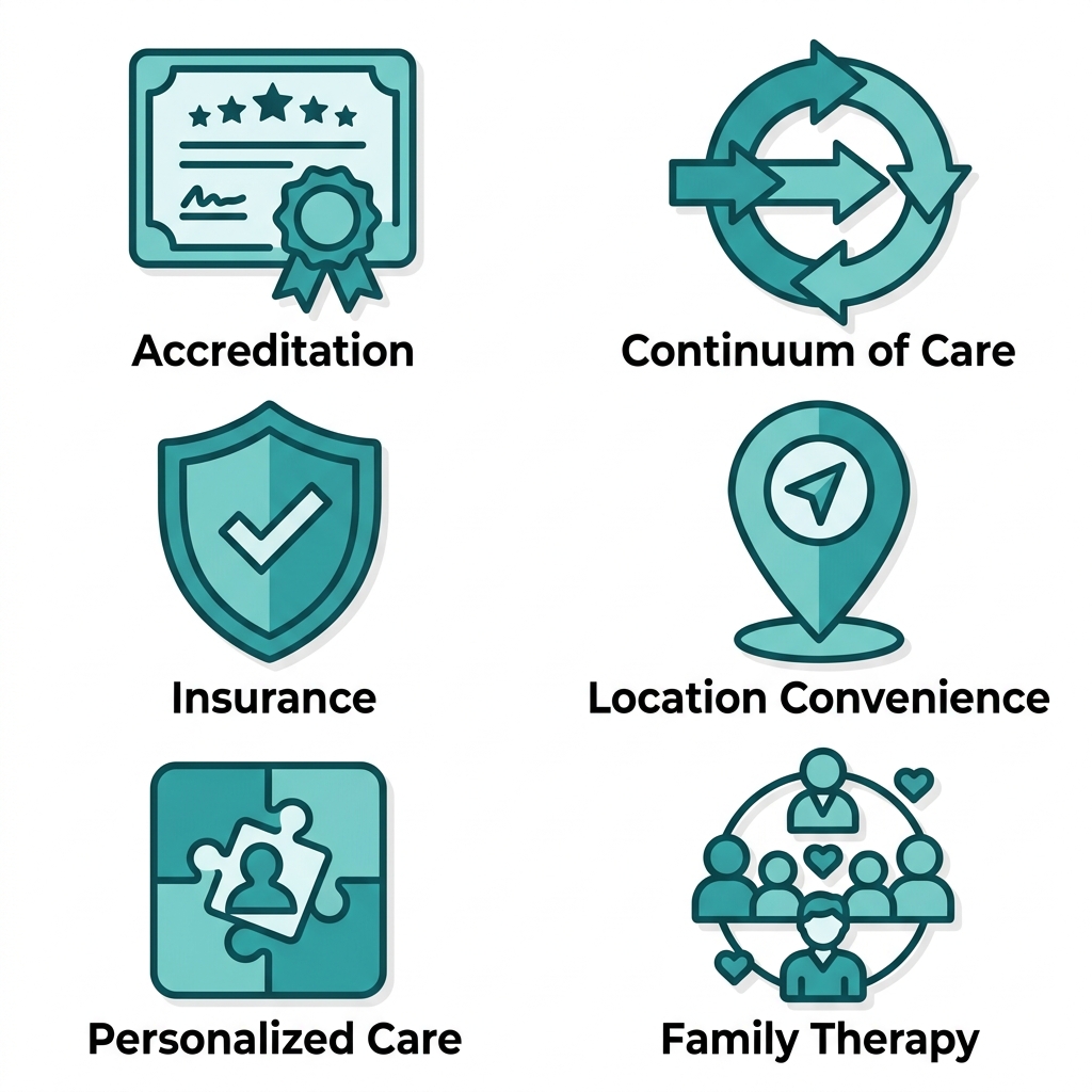 Six icons representing key factors for choosing a rehab center: accreditation, continuum of care, insurance, location convenience, personalized care, and family therapy, arranged in a 2x3 grid with teal icons on white background.