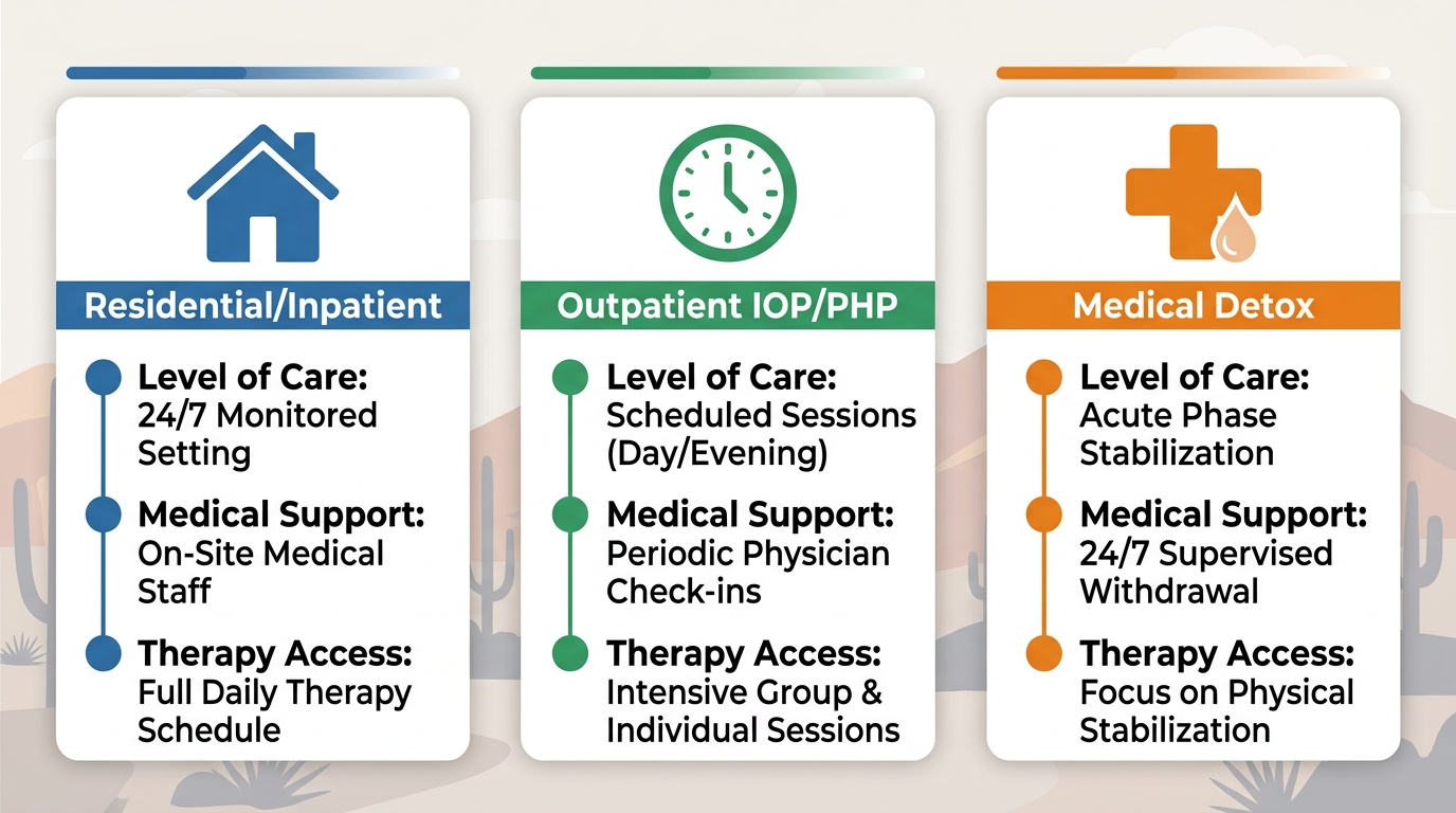 Three-column infographic comparing residential inpatient, outpatient IOP/PHP, and medical detox addiction treatment programs near Surprise, Arizona, with color-coded columns in blue, green, and orange.