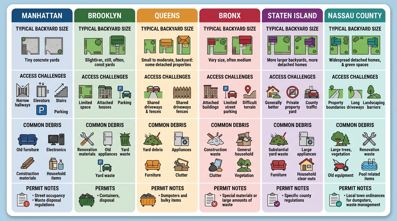 Infographic comparing backyard cleanup considerations across NYC boroughs and Nassau County