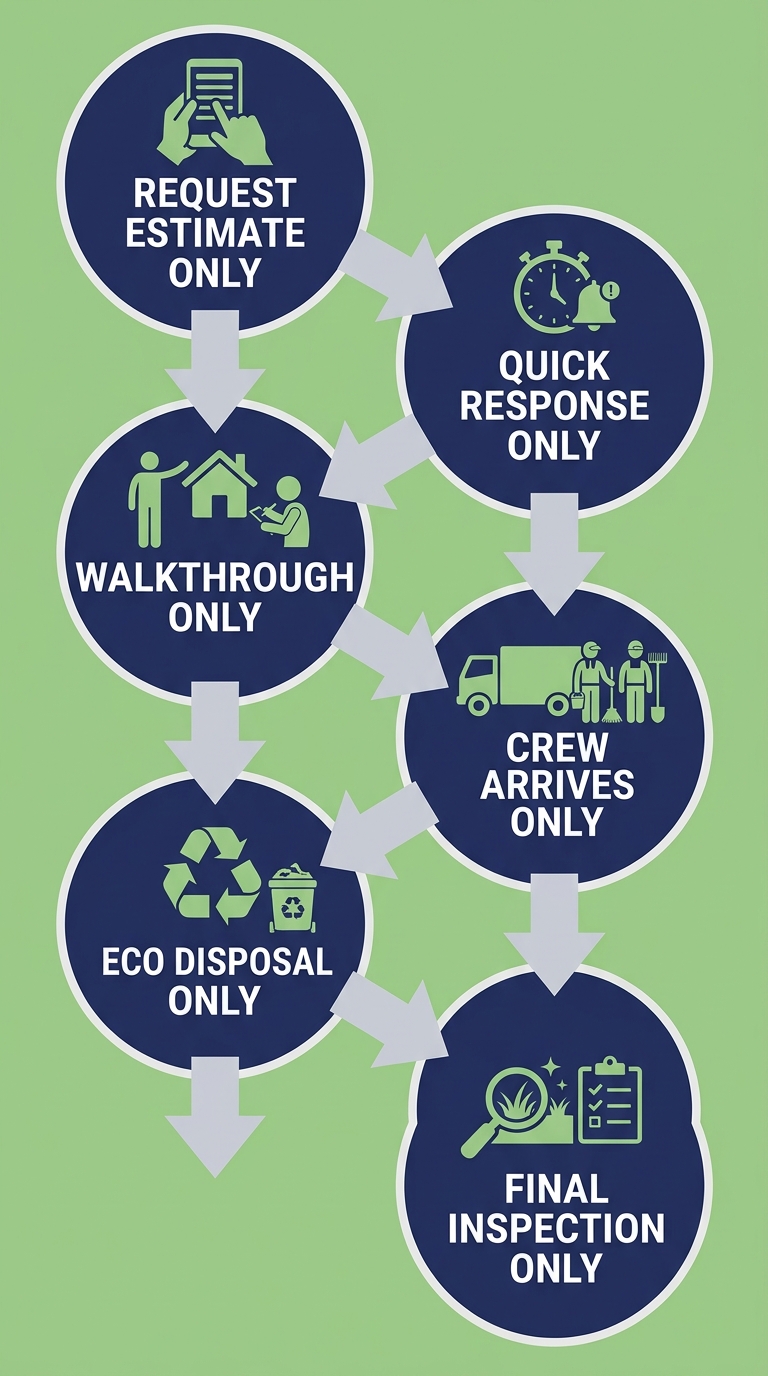 Six-step process flow diagram showing backyard cleanup scheduling steps: request estimate, quick response, on-site walkthrough, crew arrival, eco-friendly disposal, and final inspection with blue and green tones.