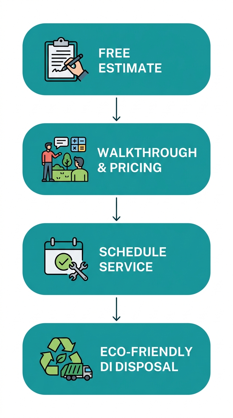 Vertical process flow diagram showing 4 steps for backyard cleanup service in NYC: free estimate, on-site walkthrough and pricing, schedule service, and eco-friendly disposal with recycle leaf icon.