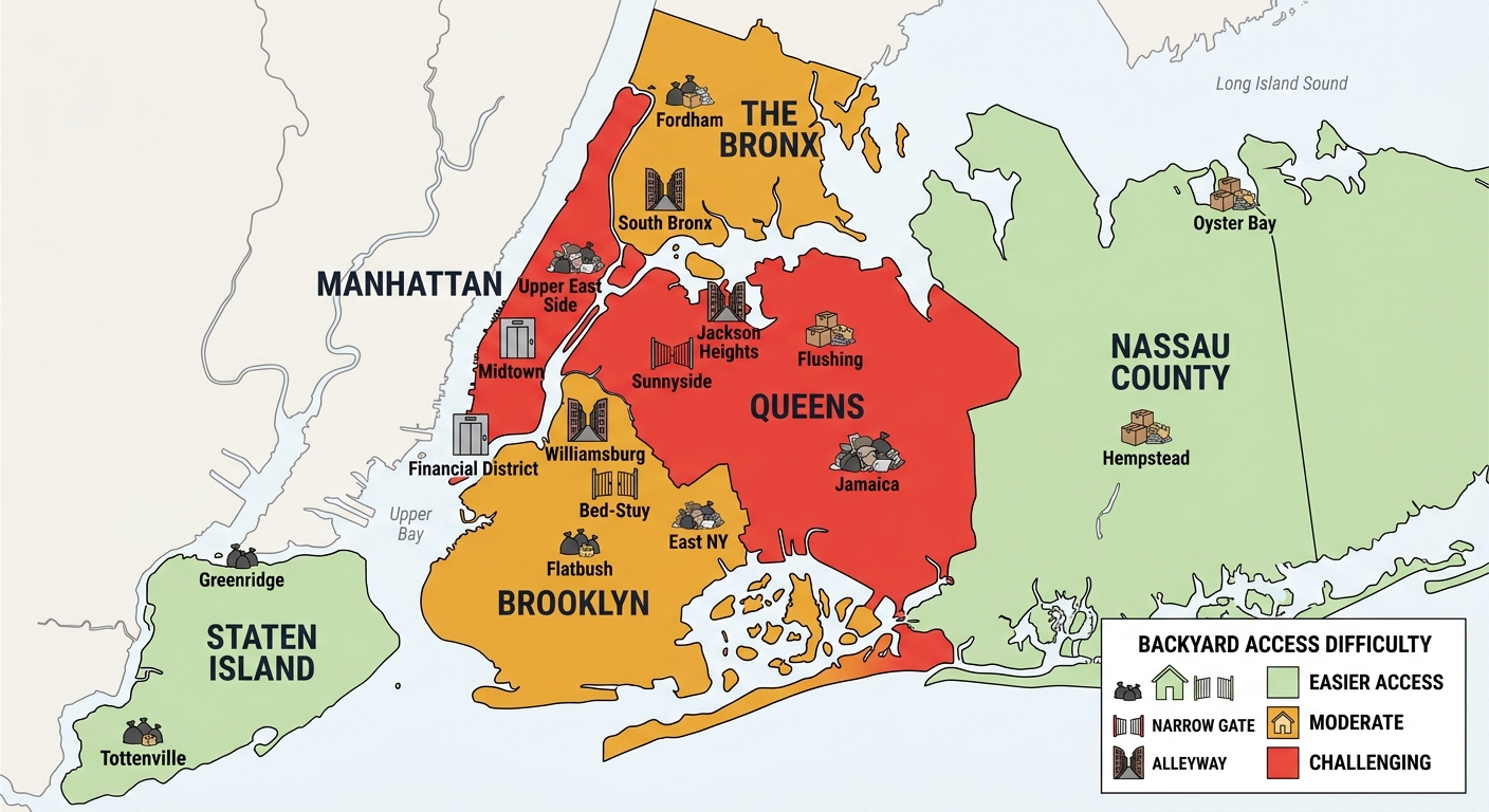 Stylized map infographic of New York City boroughs and Nassau County color-coded by backyard cleanout access difficulty: green for easy, amber for moderate, red for challenging, with icons for debris volume and access obstacles.