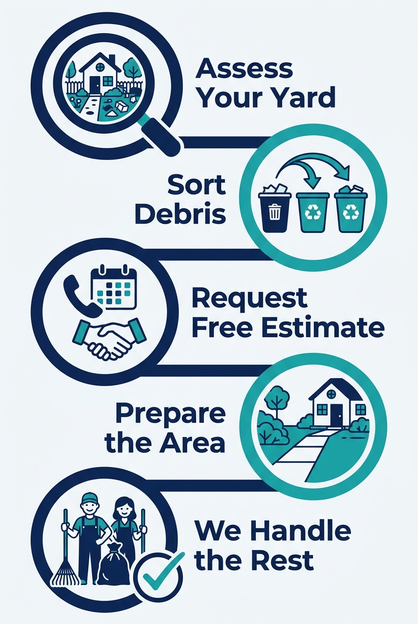 A vertical five-step process diagram illustrating backyard cleanout process: assess yard, sort debris, request free estimate, prepare area, and crew handling rest, with icons and downward arrows in navy blue and teal colors.