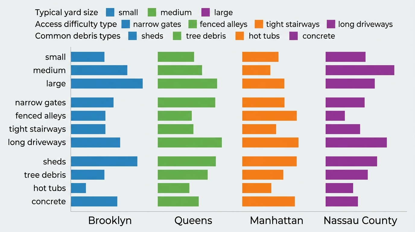 Horizontal bar chart comparing backyard characteristics across four NYC regions with three color-coded attribute categories: yard size, access difficulty, and common debris types.