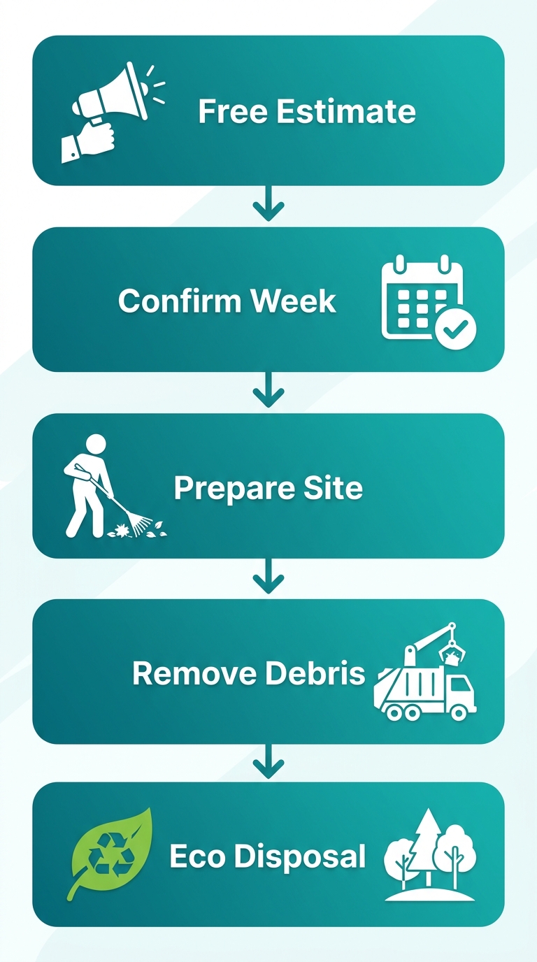 Vertical process flow diagram showing five steps for scheduling a backyard cleanout in NYC: requesting a free estimate, confirming same-week service, preparing the site, debris removal by crew, and eco-friendly disposal.