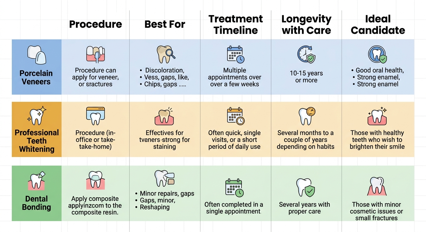 Five-column comparison infographic for cosmetic dentistry options: porcelain veneers, professional teeth whitening, and dental bonding, with rows for procedure details and ideal candidates.