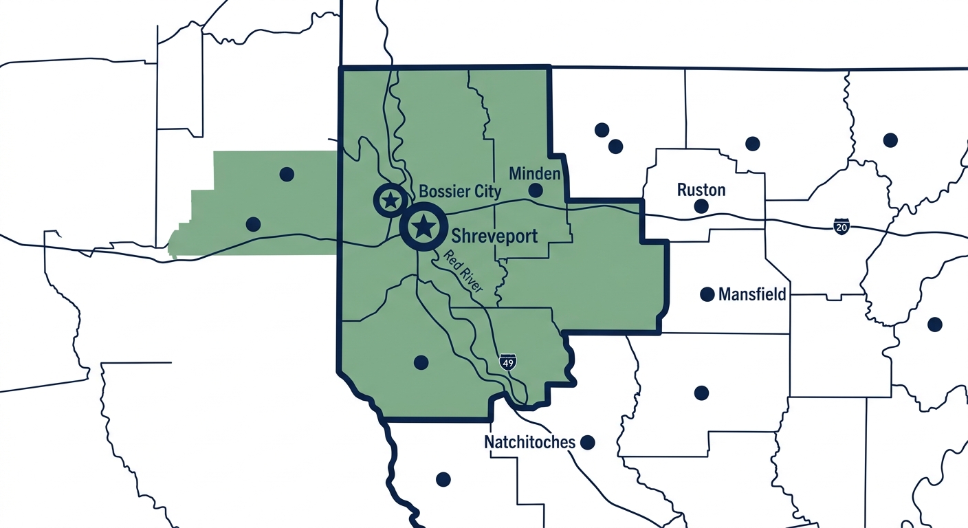 Map-style infographic of Northwest Louisiana highlighting Shreveport and Bossier City as roofing service hubs with regional markers and interstate lines on a clean white background using navy and green brand colors.