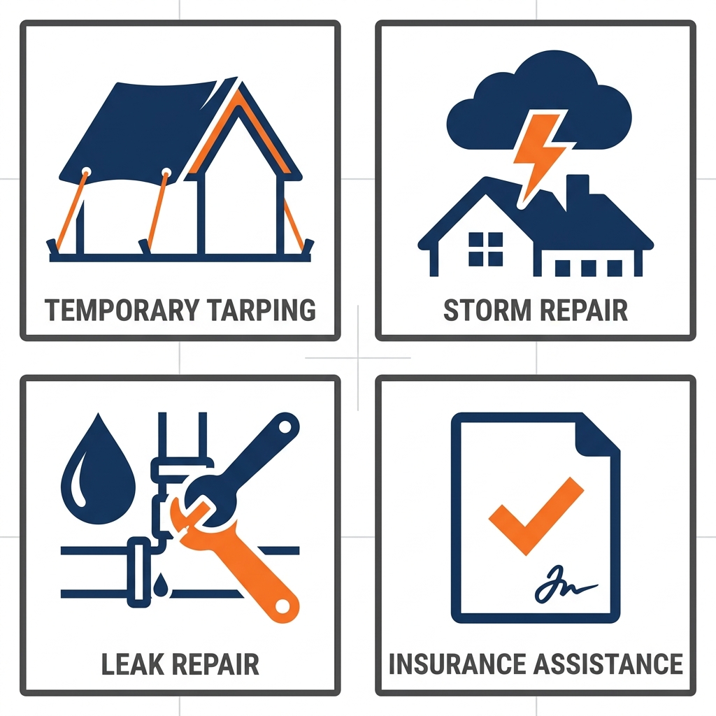 Four flat-style icons depicting emergency roofing services: tarp, lightning cloud, water drip, and document check with labels beneath each on a white grid background.