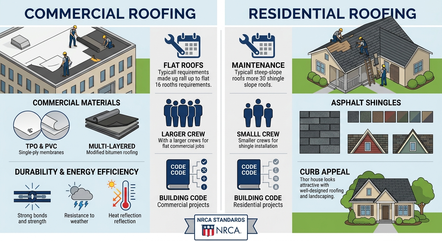 Infographic comparing commercial and residential roofing side by side: commercial left shows flat roof with TPO/PVC materials and energy efficiency icons, residential right shows steep-slope asphalt shingles and curb appeal icons; includes maintenance, crew size, and code difference icons with NRCA badge.