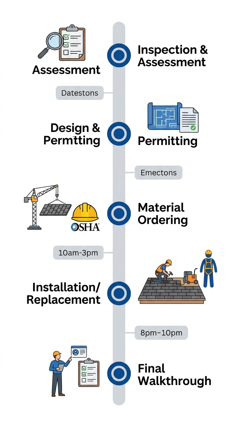 Vertical timeline of commercial roofing project phases: Inspection and Assessment, Design and Permitting, Material Ordering, Installation or Replacement, and Final Walkthrough, with color-coded markers and OSHA safety icons for a Bossier City roofing project.