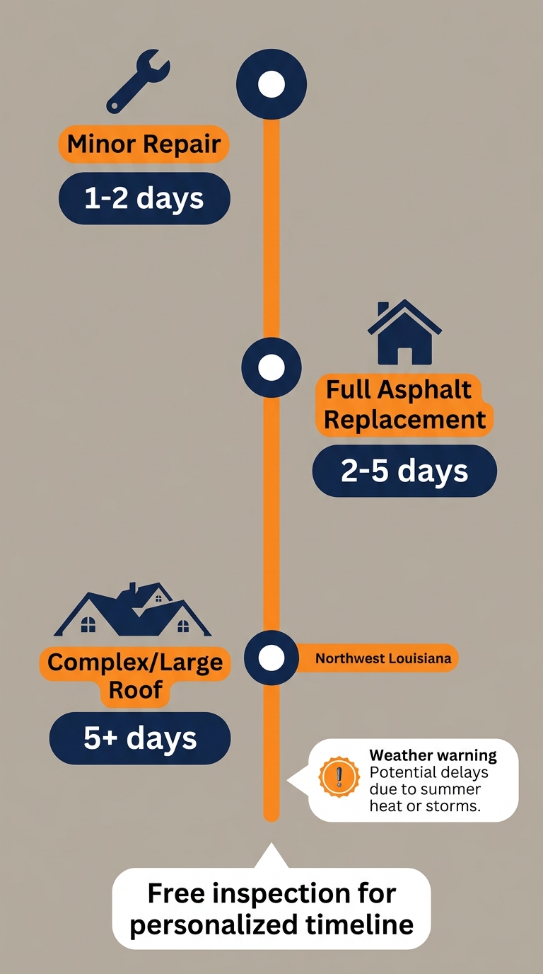 Vertical timeline showing typical roofing project durations in Northwest Louisiana: minor repair 1-2 days, full asphalt replacement 2-5 days, complex/large roof 5+ days, with a weather warning badge and a bottom callout for a free inspection.