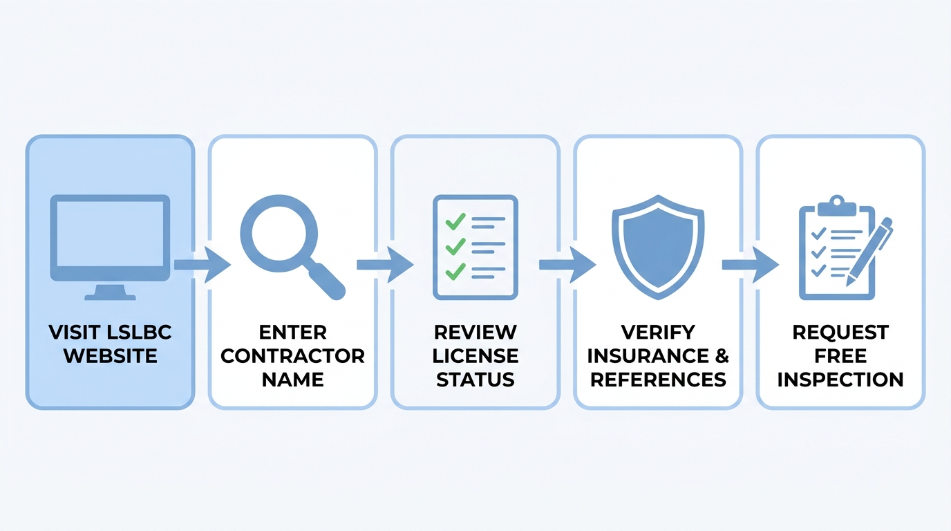 Five-step horizontal process flow diagram for verifying a licensed roofing contractor in Louisiana, including steps to check license status online, enter contractor details, review history, verify insurance, and request an inspection.