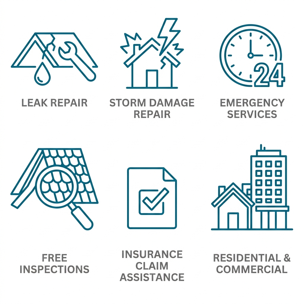Six outline icons representing Triumph Roofing's roofing and leak repair services
