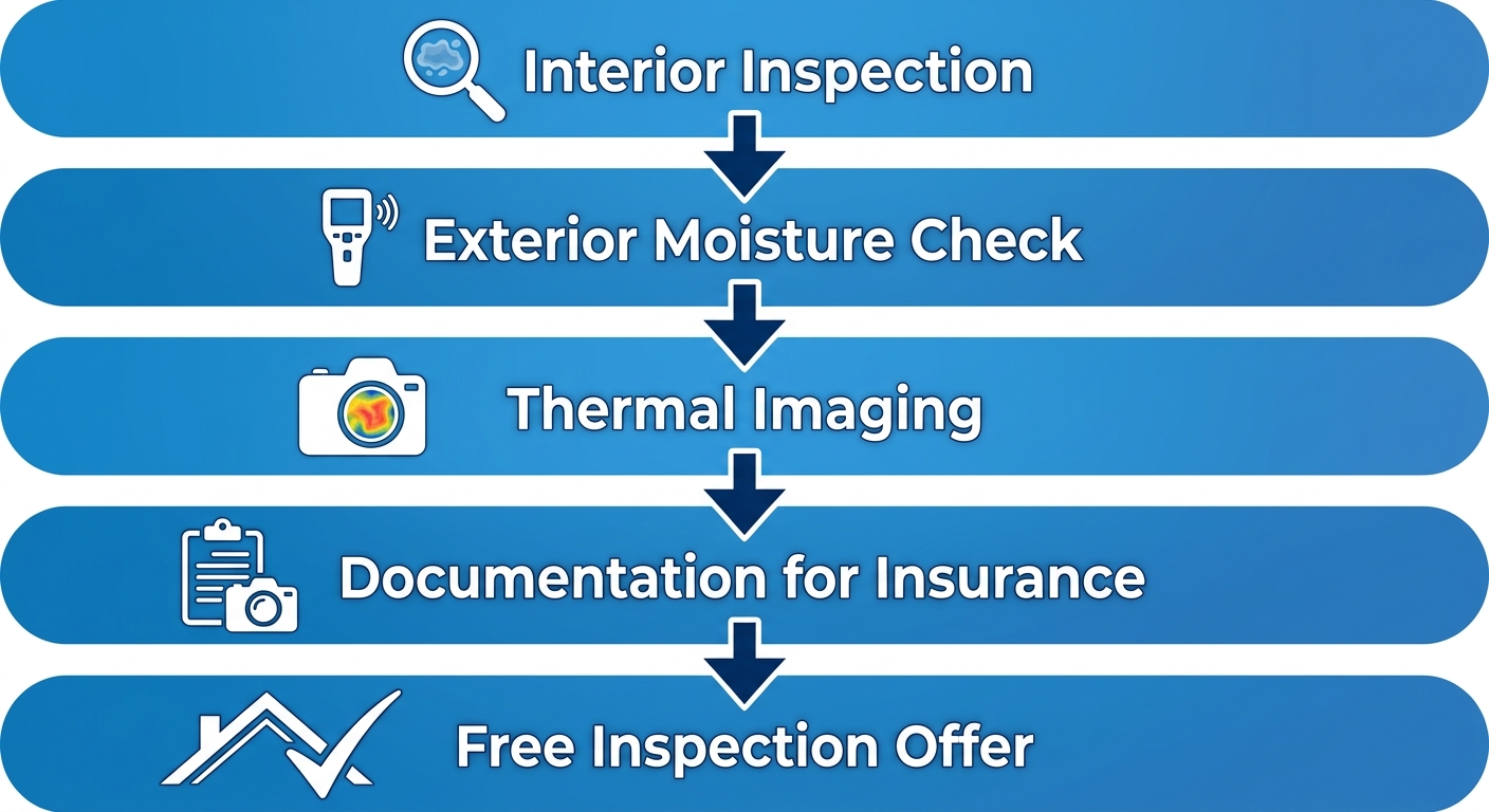 Vertical process-flow diagram of roof diagnostic steps: interior inspection, exterior moisture check, thermal imaging, documentation, and free inspection offer, with blue gradient design.