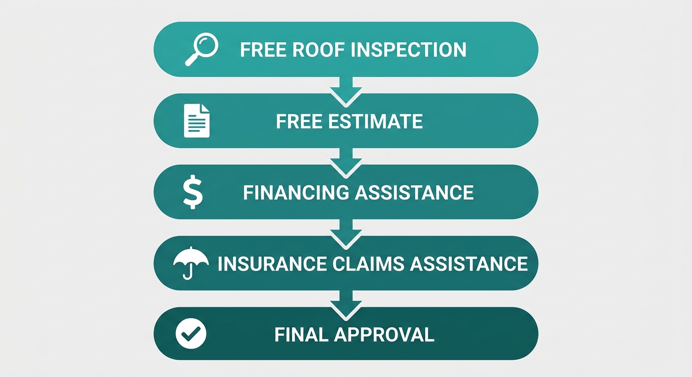 Vertical process flow diagram for commercial roofing approval: Free Roof Inspection, Free Estimate, Financing Assistance, Insurance Claims Assistance, and Final Approval, connected by downward arrows.
