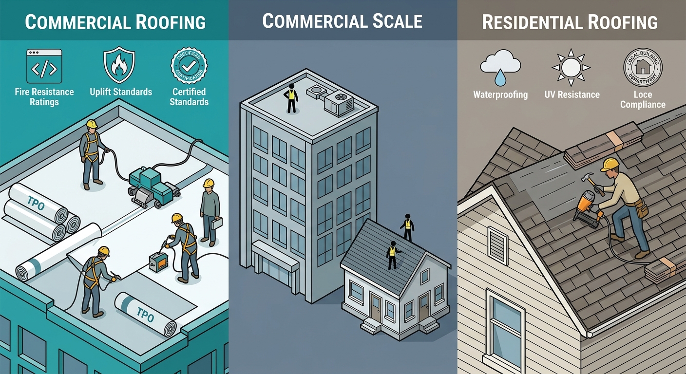 Split-screen commercial and residential roofing comparison infographic showing a flat roof with TPO membrane on the left and a sloped shingle roof on the right, with a center scale difference section.