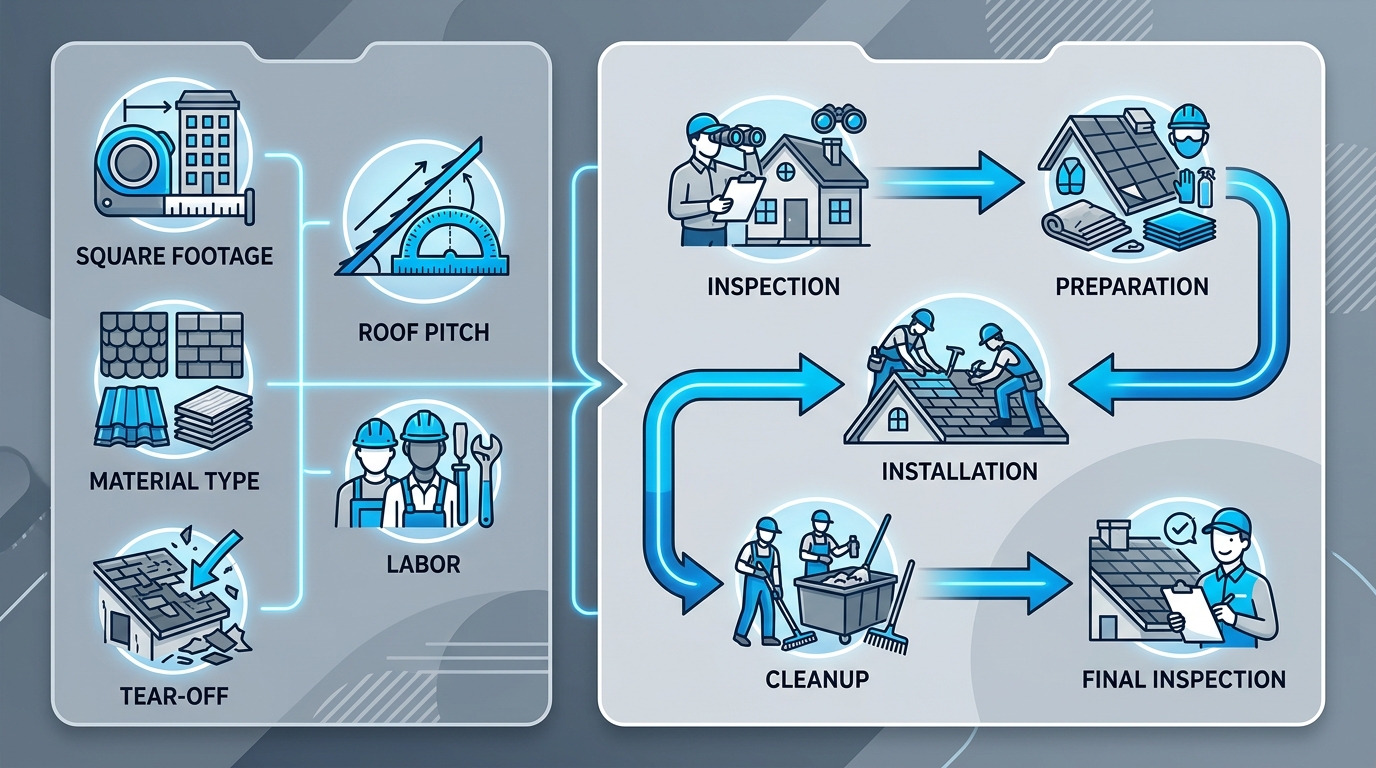 Landscape infographic with left column of five cost factor icons labeled square footage, roof pitch, material type, labor, and tear-off; right column shows a simplified project timeline with arrows connecting stages Inspection, Preparation, Installation, Cleanup, and Final Inspection against a cool gray and blue background.