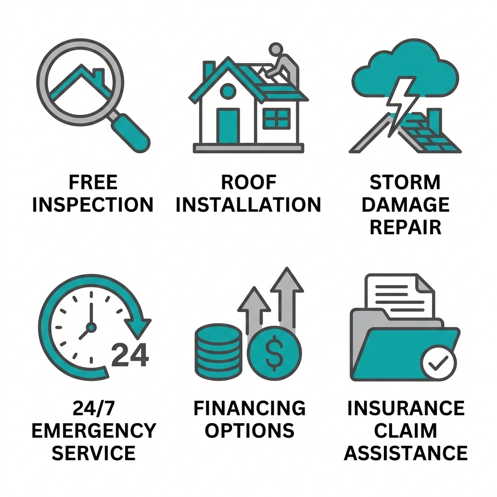 Six outline icons representing residential roofing services: free inspection, roof installation, storm damage repair, emergency service, financing options, and insurance claim assistance.