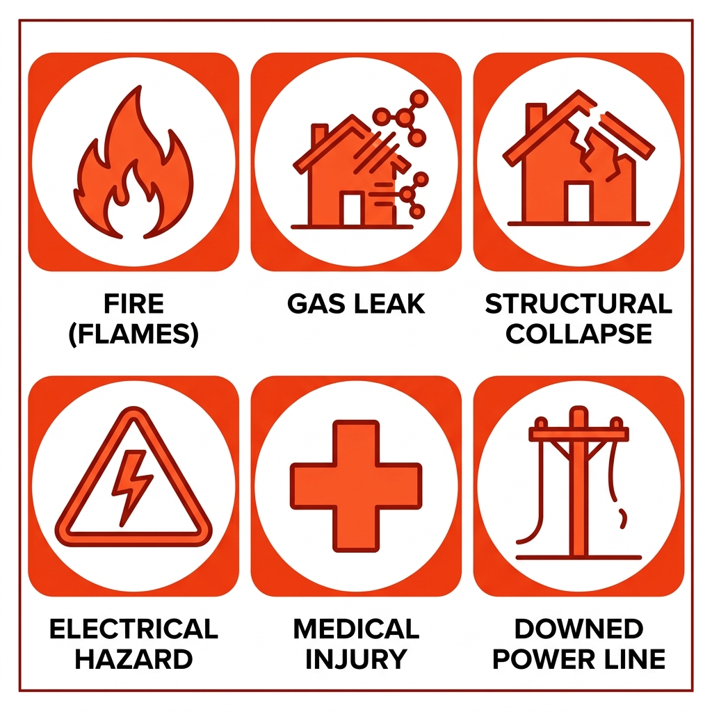 A 2x3 grid of six emergency icons: fire, gas leak, structural collapse, electrical hazard, medical injury, and downed power line, with dark grey labels, representing hazards to recognize before calling a roofer.