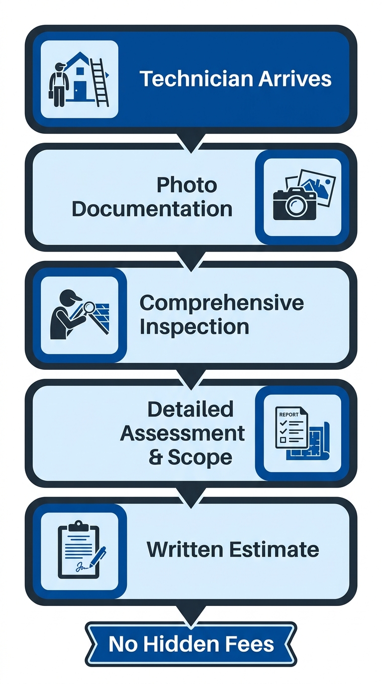 Vertical process-flow diagram showing five stages of Triumph Roofing's transparent diagnostic process: technician arrival, photo documentation, comprehensive inspection, detailed assessment, and written estimate with a 'No Hidden Fees' badge.