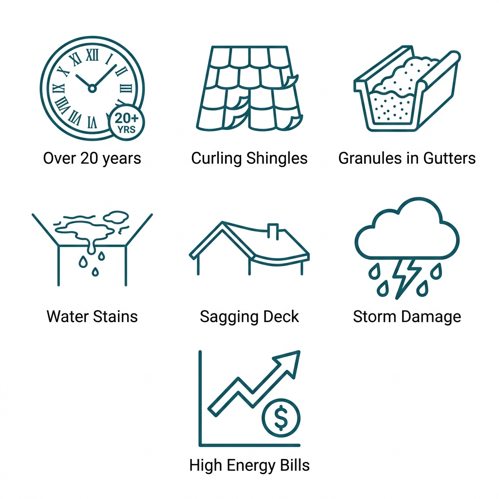 Icon set showing seven warning signs for roof replacement: roof age over 20 years, curling shingles, granules in gutters, water stains, sagging deck, storm damage, and high energy bills.