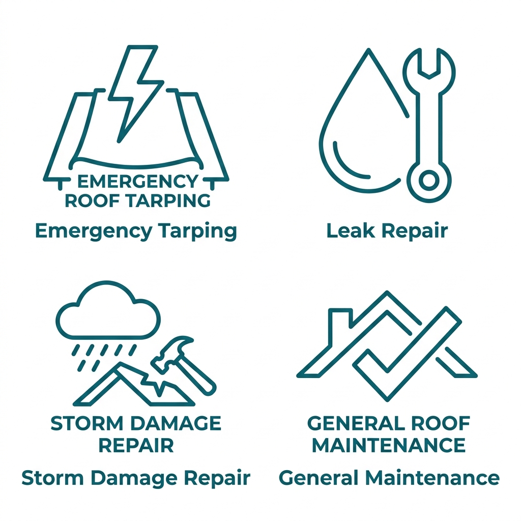 Set of four outlined icons representing emergency tarping, leak repair, storm damage repair, and general maintenance roof services.