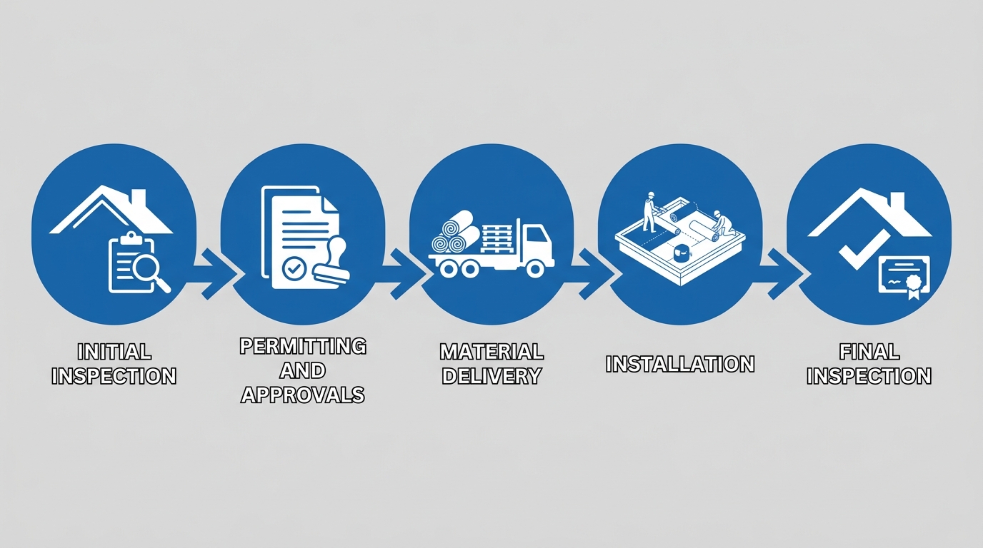 Horizontal timeline showing five phases of a commercial roofing project in Ruston: Initial Inspection, Permitting and Approvals, Material Delivery, Installation, and Final Inspection, with blue nodes and connecting arrows.
