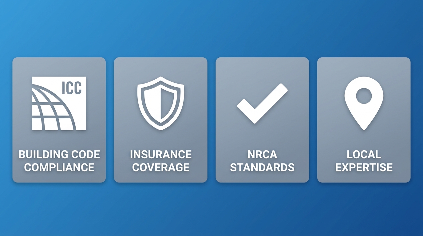 Infographic illustrating four key requirements for licensed commercial roofing in Ruston: Building Code Compliance, Insurance Coverage, NRCA Standards, and Local Expertise with icons.