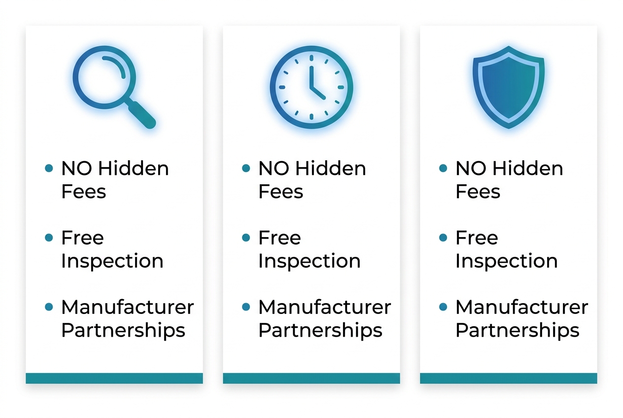 Infographic with three columns showing Triumph Roofing's free inspection, 24/7 emergency response, and storm damage assistance services with blue and teal design.