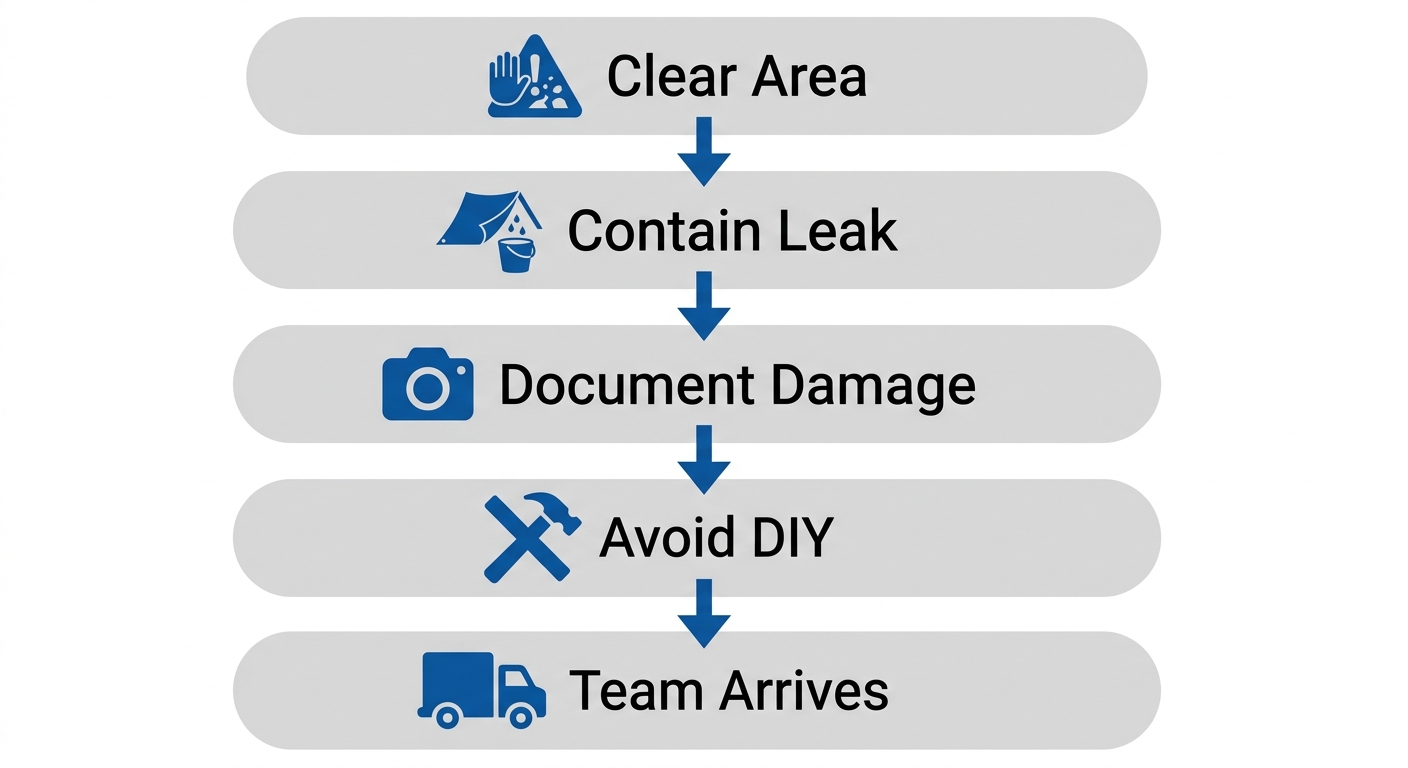 Vertical process flow diagram showing five safety steps: Clear Area, Contain Leak, Document Damage, Avoid DIY, Team Arrives, with blue and grey color scheme, connected by downward arrows and rounded rectangle stages.