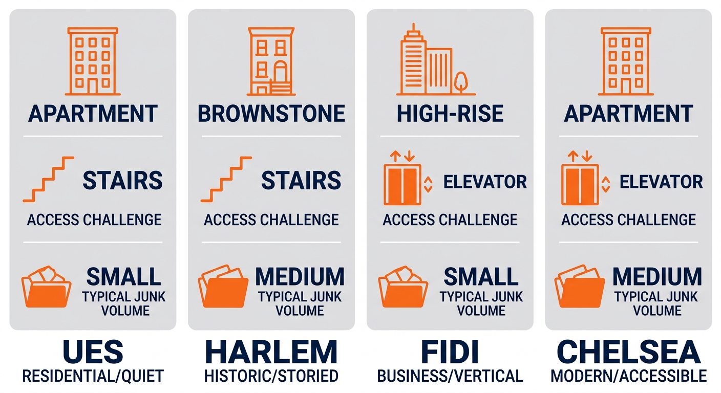 Four-panel infographic comparing Manhattan neighborhoods Upper East Side, Harlem, Financial District, and Chelsea with building types, access challenges, and typical junk volume icons.