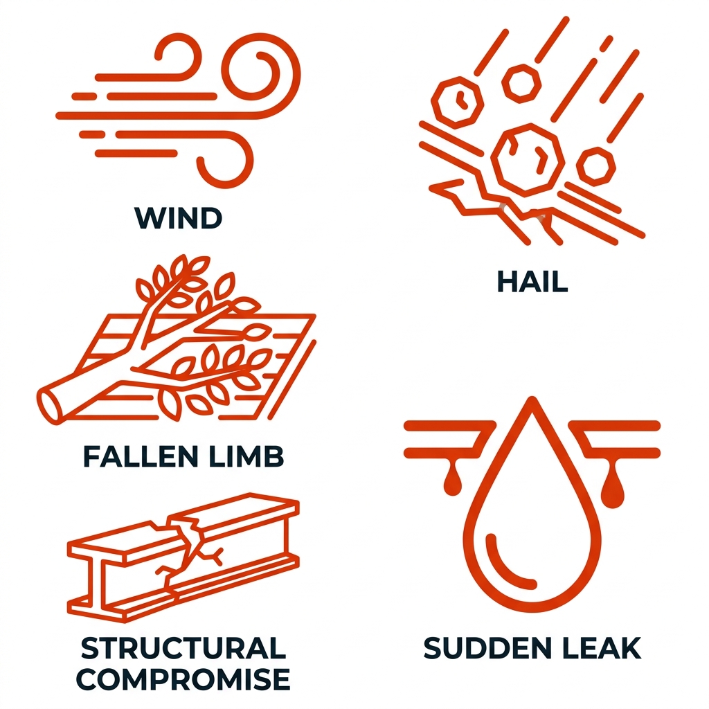 Five icons showing emergency roof damage types: wind with swirling lines, hail with hailstones, fallen tree limb with branch leaves, sudden leak with water droplet, and structural compromise with cracked beam, each labeled below in dark text on a white background.