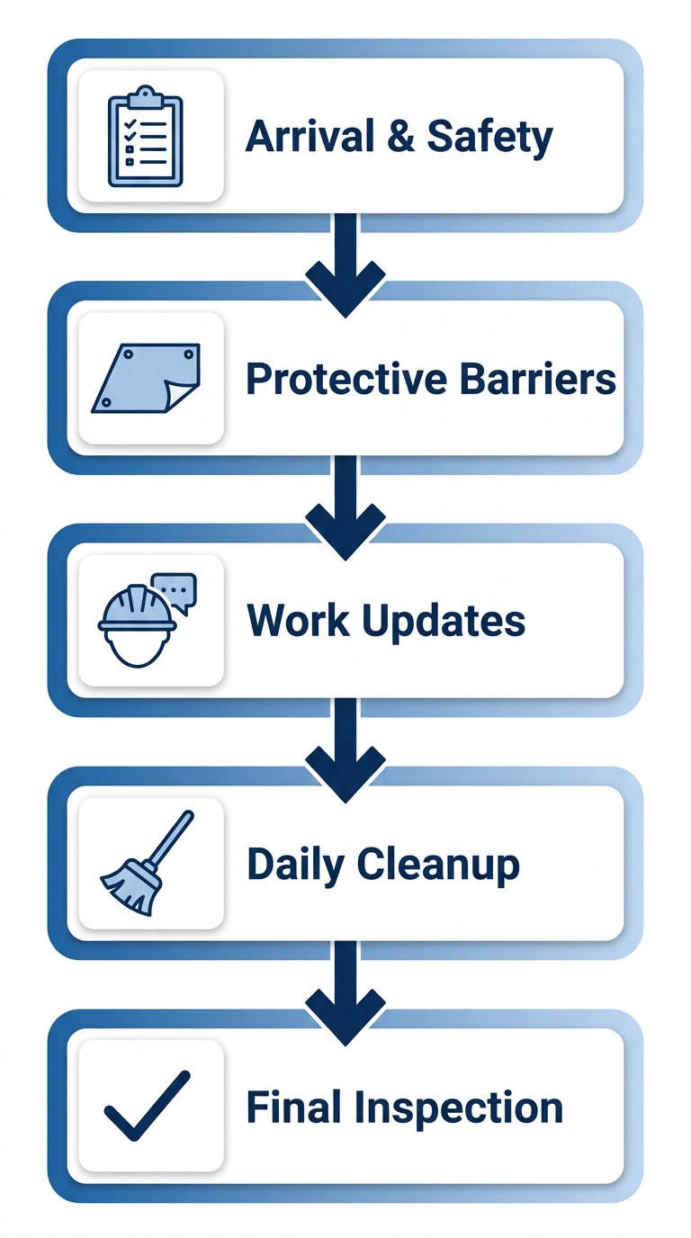 Vertical process flow showing five steps of roofing crew arrival: crew arrival and safety walkthrough, setting up protective barriers, work updates during progress, daily cleanup, and final inspection walkthrough. Blue gradient cards connected by downward arrows.
