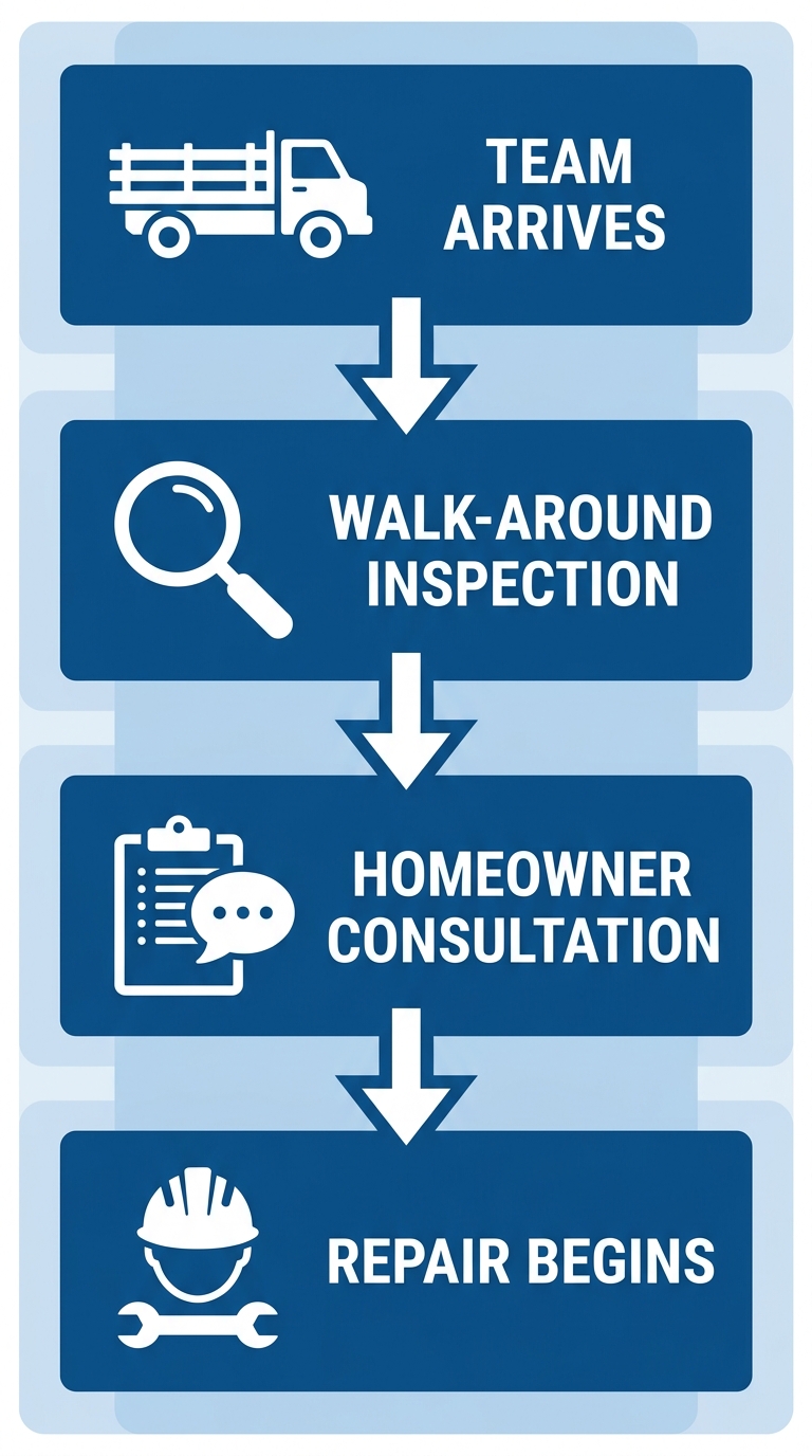 Vertical process flow diagram illustrating four stages of a roofing service visit: team arriving, conducting a walk-around inspection, consulting with the homeowner, and beginning repair work, with blue gradient boxes and white icons.
