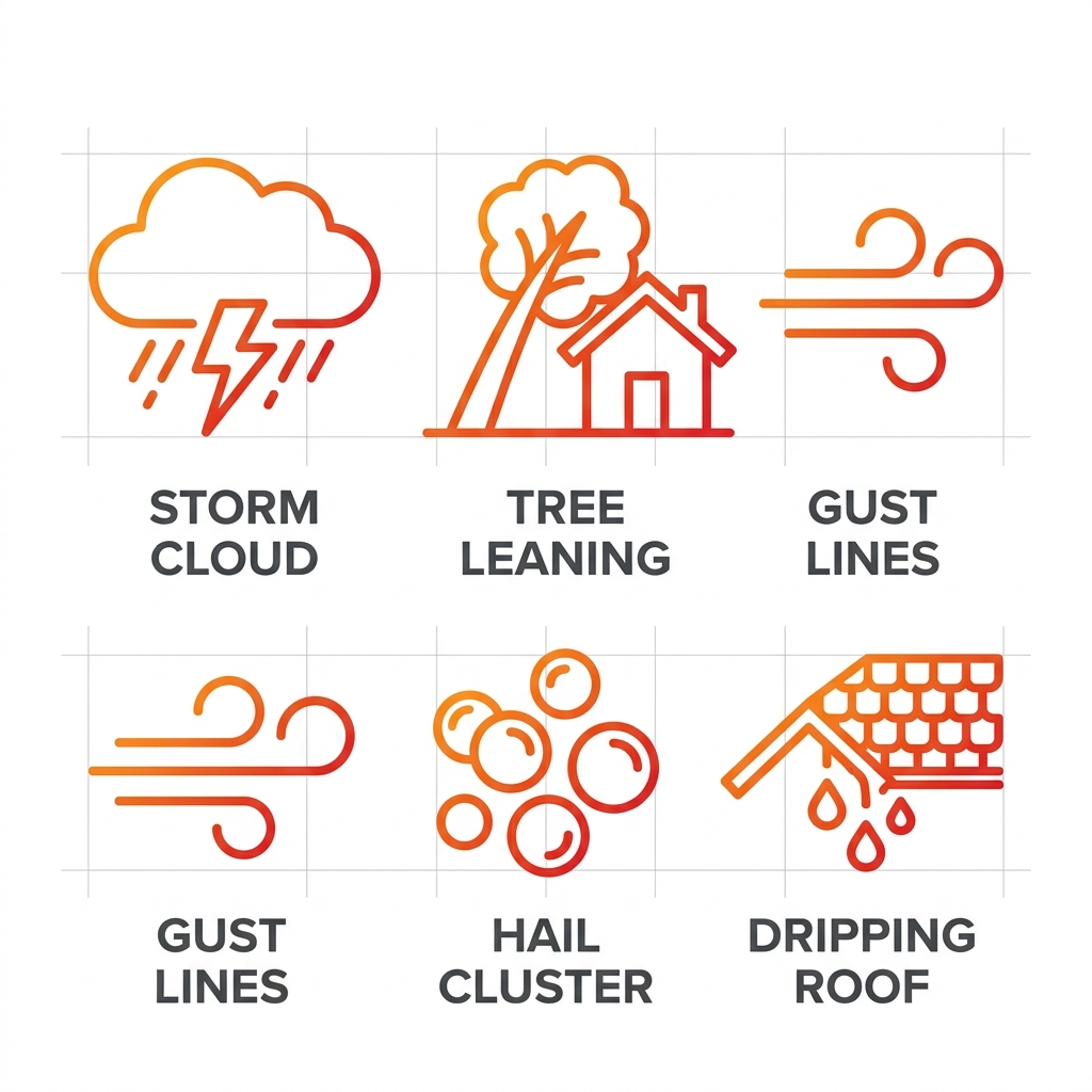 Five outlined icons in a row showing storm cloud with lightning, tree on house, wind gusts, hail, and leaking roof for roofing emergencies.