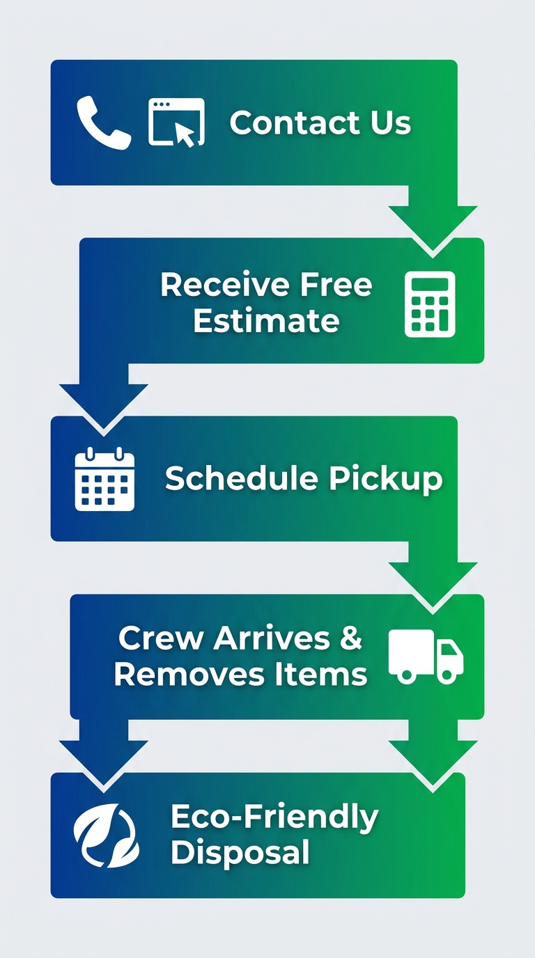 Five-step vertical process flow for scheduling junk removal in Manhattan: contact, free estimate, schedule pickup, crew removes items, eco-friendly disposal.