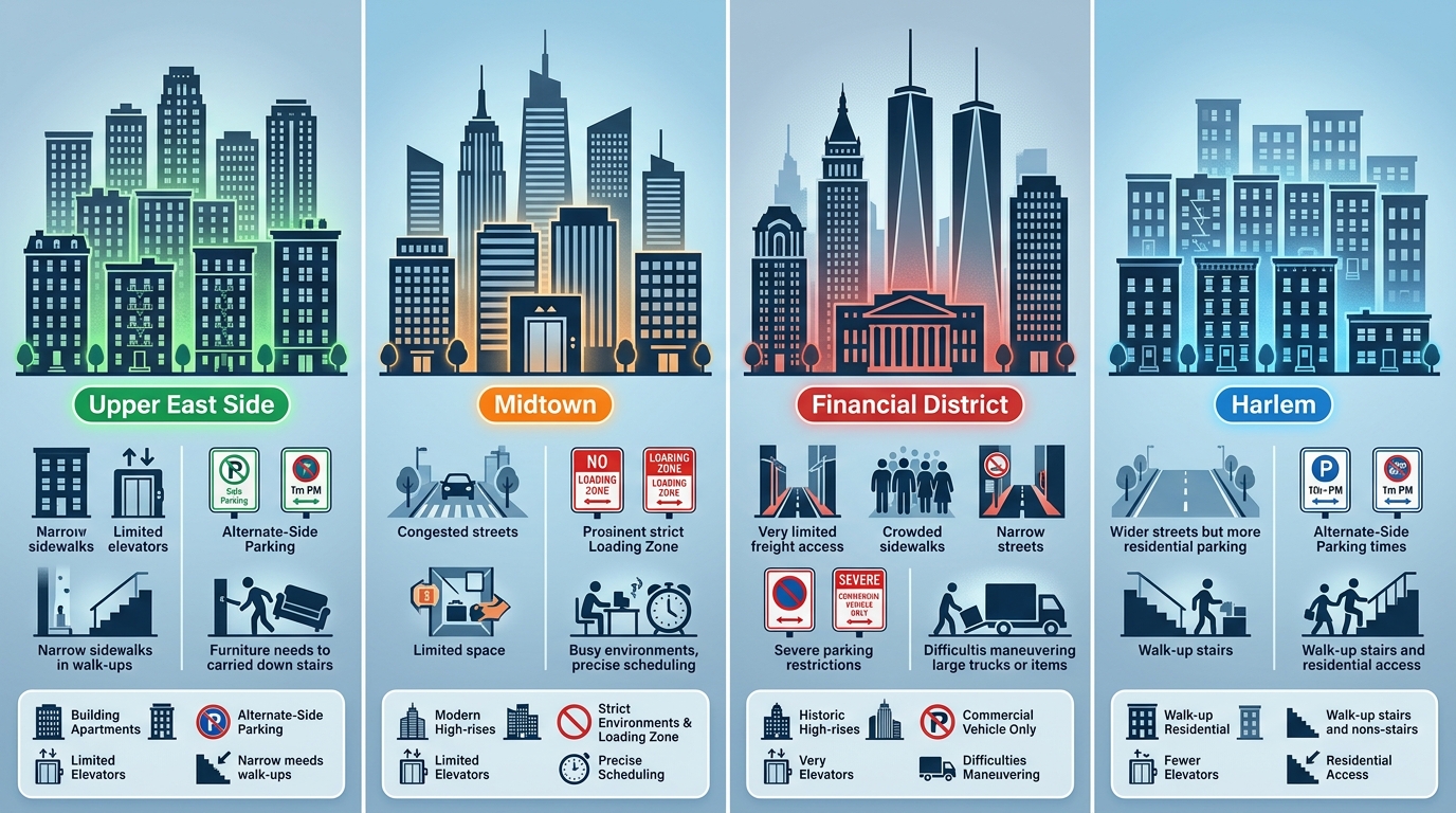 Color-coded infographic comparing four Manhattan neighborhoods (Upper East Side, Midtown, Financial District, Harlem) on junk removal logistics factors: building type, elevator access, parking restrictions, and walk-up challenges, with silhouette icons and a visual legend.